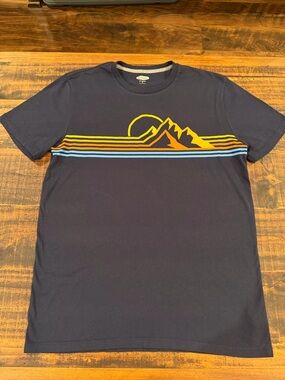 Old Navy Navy Short-Sleeve Tee with Yellow and Orange Mountain Stripe